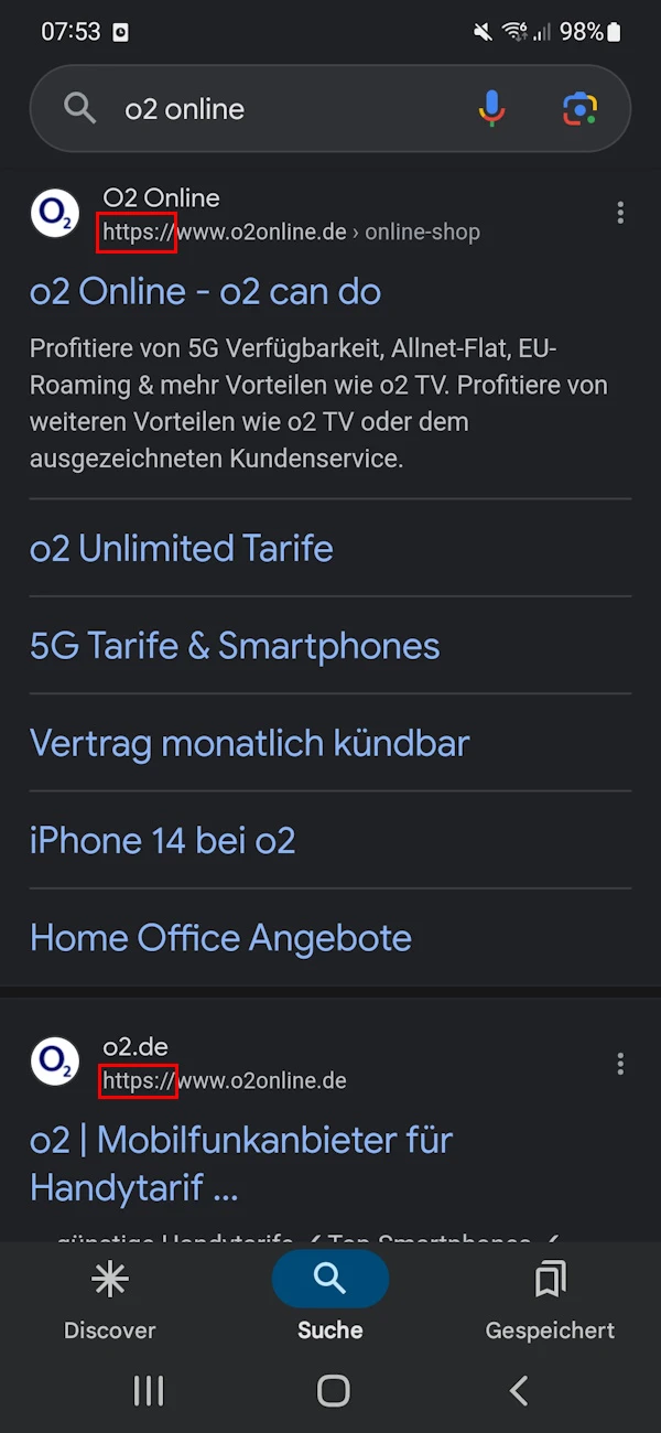  Screenshot der Google-Suchergebnisse für die Anfrage „o2 online“
