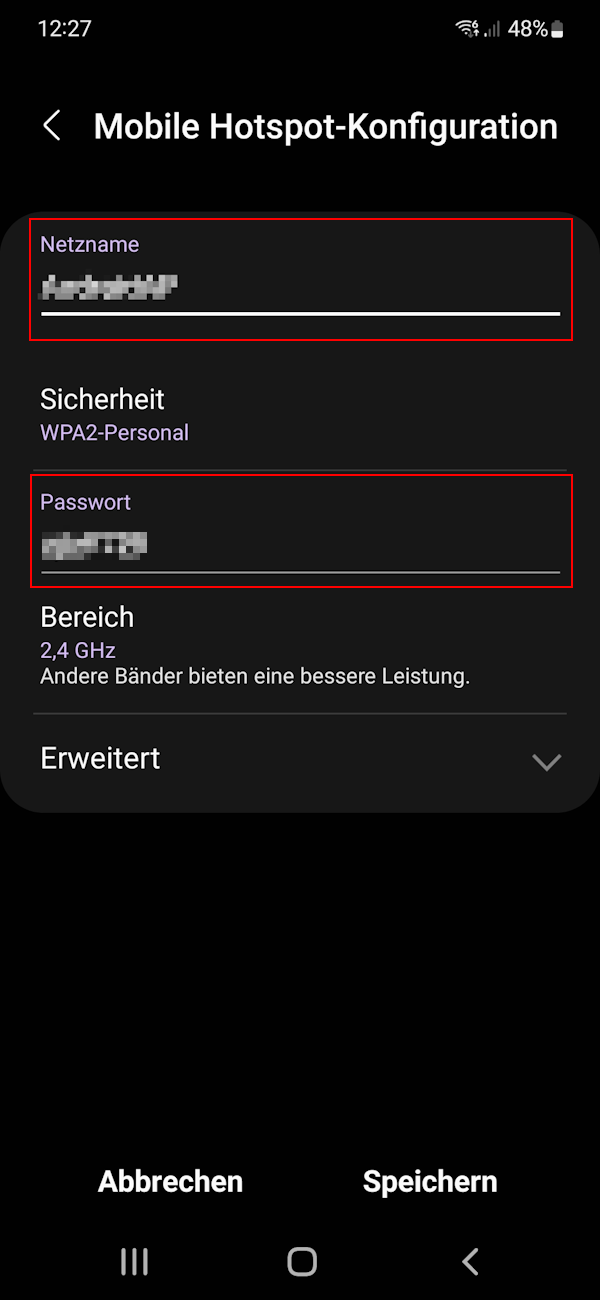 Screenshot, wie man die Einstellungen des Hotspots konfiguriert