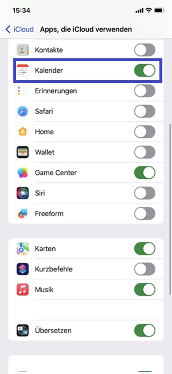 iPhone-Kalender in den iCloud-Einstellungen mit blauer Umrahmung