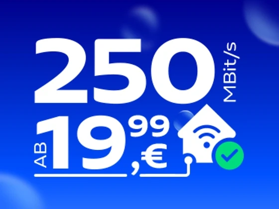Entdecke die neuesten Internet zuhause Angebote von o2.
250 MBit/s ab 19,99 €